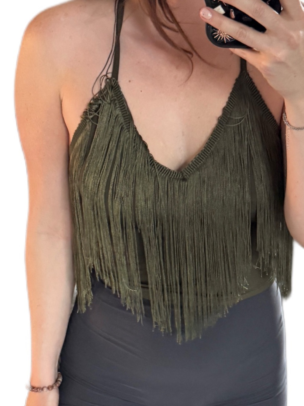 New SHEIN Olive Fringe Halter Women's festival Top adjustable straps Sz large